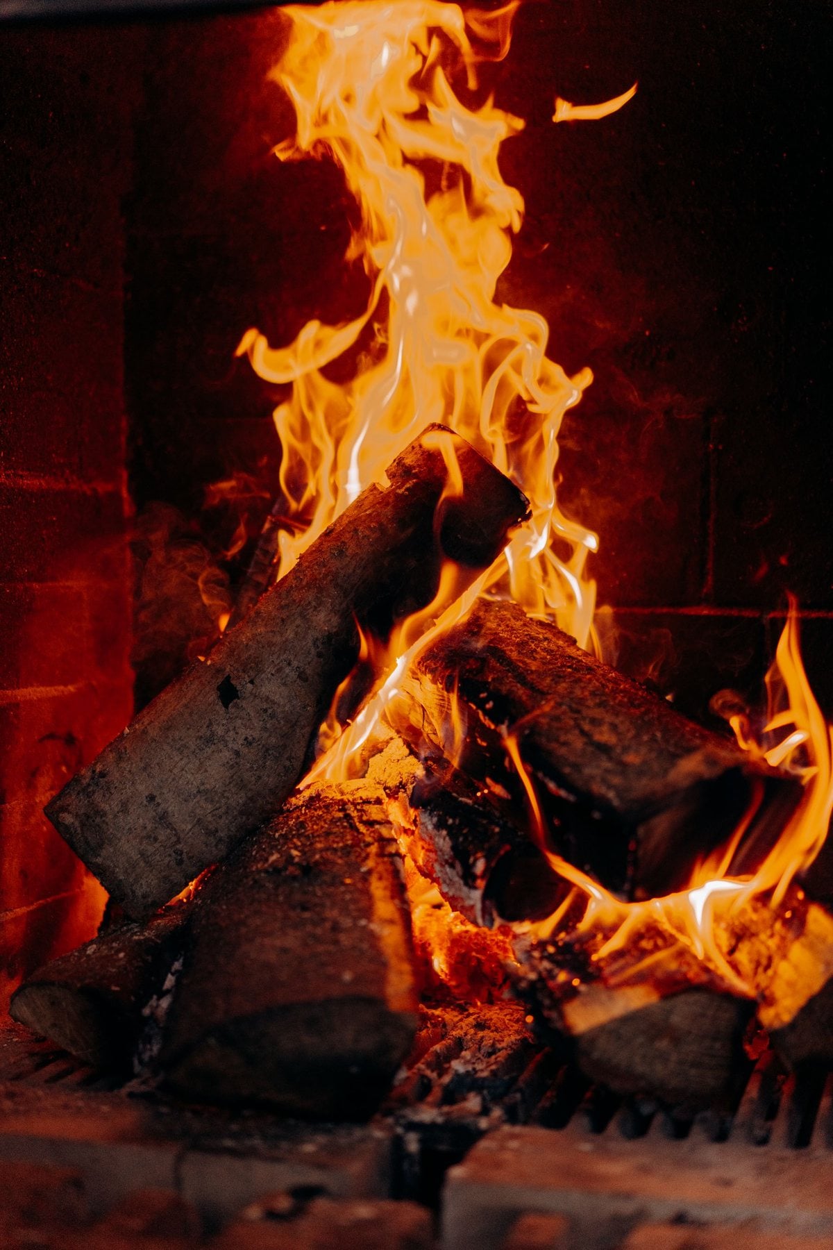 Flammes vives sur des bûches de feuillus dans un foyer